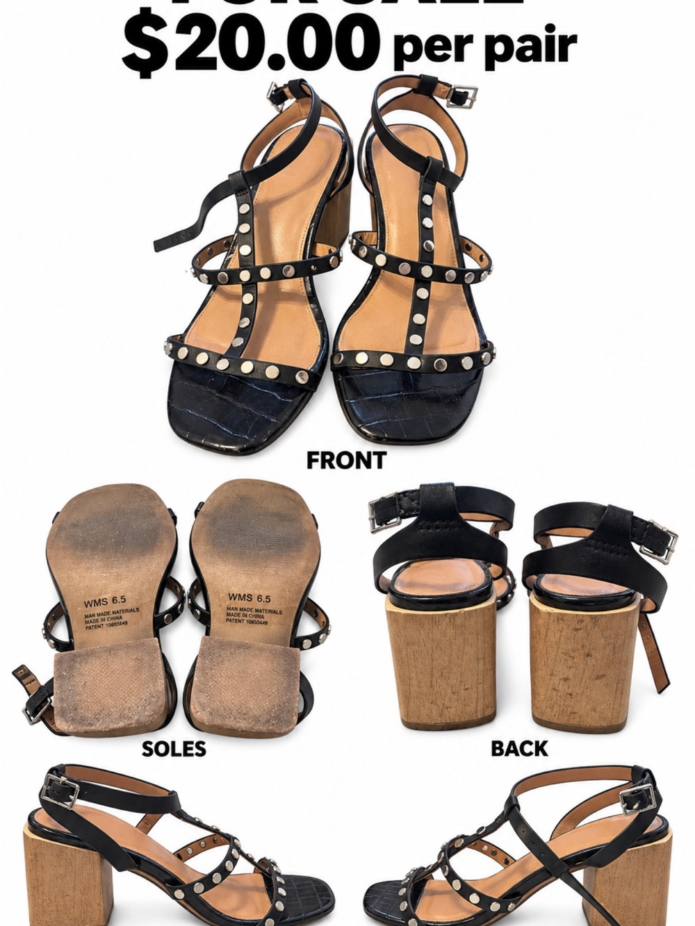 Women's Black Studded Strappy Block Heel Sandals